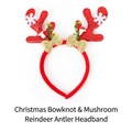 Festive red glitter reindeer antler headband with golden bows and small mushroom detail - TK51R Bow Mushroom Glitter Antlers Red