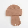 Detail of caramel ribbed knit hat showing protective earflaps and white button closure - M / Camel