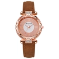 Detail of rose gold petal bezel with rhinestones and brown leather strap on quartz watch - Coffee