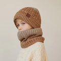 Kinder winterset met gebreide muts en sjaal in bruin en beige gemêleerd met fleece - 2-Delige Set (Muts + Sjaal) / Karamel