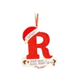 Detailed view of red glitter letter R Christmas ornament with festive hat and banner - Letter R
