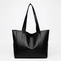 Bolso tote minimalista de cuero PU negro para mujer con gran capacidad y bolsillos - Negro