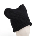 Detail of black knitted cat ear beanie showing thick textured yarn for winter warmth - M (56-58cm) / Black