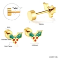 Detailed view of holly leaf Christmas studs in gold-plated stainless steel with dimensions - Holly Berry Style (EA62980MG)