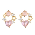 Pendientes de corazón con circonita rosa, estrellas doradas y postes de plata 925 - Colgante de Estrella y Corazón (EH00730)