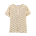 Detail of hollow knit texture and hook-and-eye closure on beige short sleeve cardigan - S / Beige