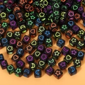 Black acrylic cube beads with neon colorful star and heart patterns for DIY jewelry - 6*6mm Black Fluorescent Star And Moon (100 Pieces)
