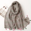 Écharpe longue en coton et lin à fleurs avec pompons rose et vert pour protection solaire - Fleuri Rose et Vert (SL2305-010) / 180*85CM