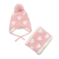 Pink heart knit winter hat and fleece scarf two-piece set for toddler girls - Pink
