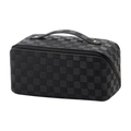 Large capacity black checkerboard PU leather cosmetic bag with gold hardware and handle - Black