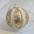 Champagne gold glitter Christmas ball with white lace ribbon and silver bead chain decor - Champagne Lace Textured Ball 8CM