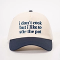 Adjustable two-tone baseball cap in cream and navy with blue 'I don't cook' embroidery - Cream/Navy Blue