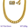 Golden titanium steel cuban link chain for men with diamond accents, 710x15mm size - Gold Cuban Link Necklace Rhinestone Clasp 710x15mm(KN93824-Z)