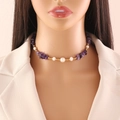 Detail view of handmade pearl necklace with purple natural stones on model neck - Amethyst Necklace (7#紫晶)