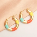 Gold-plated bamboo-style hoop earrings with multicolor enamel segments in vibrant shades - Blue Orange Yellow