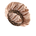Champagne gold satin sleep bonnet with a stylish leopard print elastic hairband - Champagne