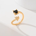 Gold plated leaf ring with round black stone and triangular zircon accents for women - Black Stone Triangle (JZ032)