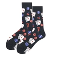 Detail of crew socks with poker chips, playing cards, and gambling themed patterns on black fabric - 38-46 / Black Gambling Poker