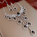 Elegant silver jewelry set with black gemstones and sparkling rhinestones fringe - Silver Black Round Rhinestone Tassel Earrings Necklace Set