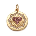 Gold pendant with heart ruby, starburst pattern and cubic zirconia on white background - CX150-02 Round Sunburst - Red Stone