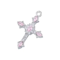 Detailed close-up of a silver cross pendant with pink gemstones and clear diamonds - Platinum Color Pink Zirconia