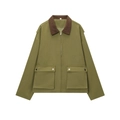 Giacca utility verde oliva con colletto in velluto marrone e ampie tasche frontali - S / Verde Militare