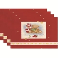 Set of 4 red Christmas placemats featuring teddy bear on sled with holiday gifts - Style 6