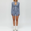 Ensemble de yoga sans couture bleu brume avec veste, brassière et short côtelé - S / Haut Et Bas / Ensemble 3 Pièces (Soutien-Gorge+Short+Veste) / Bleu aster