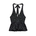 Polka dot halter top with backless tie design and tiered ruffle hem on white background - XS / Tops / Black Polka Dot