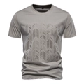 Close-up of geometric arrow embroidery on men's slim fit cotton T-shirt in taupe - S / Khaki