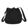 Black drawstring bucket bag in lightweight nylon fabric with adjustable shoulder strap - Black