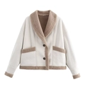 Women's faux suede and lamb wool jacket with stylish lapels and brown trim detail - S / White