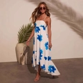 Summer bohemian slip dress in white and blue floral print with high-low ruffle hem - S / White with Blue Flowers