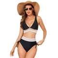 Zwarte tweedelige bikini-set met V-hals en kleurrijke golvende banden voor strand - S / Zwart