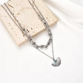 Dual-layer titanium steel necklace with U-link chain, fan pendant, and blue stone inlay - Steel Blue Agate (U-Link Chain + Fan Pendant)