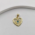 Golden heart pendant with clear rhinestones and a blue evil eye stone center - Spiked Heart Eye Gold DL0158