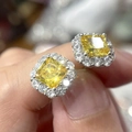Elegant princess cut yellow gemstone stud earrings with a sparkling white diamond halo - White