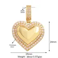 Detailed view of 18K gold heart pendant with cubic zirconia and dimension measurements - Gold-Double Hole Pave Heart