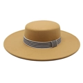 Classic khaki wide-brim wool felt fedora hat with a striped ribbon band for women - M(56-58cm) / Camel