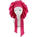 Adjustable magenta satin sleep bonnet with wide elastic head tie for hair protection - Rose Red