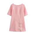 Pink short sleeve A-line dress featuring round neck and white pearl bow decorations - XS / Pink