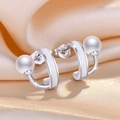Elegant silver curved earrings featuring white enamel inlay and lustrous round pearls - Platinum U-Shape Pearl Earrings (C23)