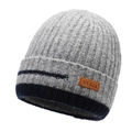Graue und dunkelblaue Strickmütze mit Fleecefutter und Leder-Logo-Patch für Herren - Einheitsgröße / Hellgrau