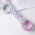 Langlebiges Baumwollseil-Haustierspielzeug mit stacheligen Gummiringen für Hunde in Blau-Rosa - Doppelter Stachelring-Griffseil / 30cm (Nr.2) / Rosa Blau Patchwork Kariert