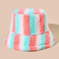 Rainbow striped plush bucket hat in pink, white, and mint green faux fur finish - One Size / Pink Green White Stripes (4)