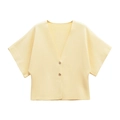 Pale yellow short sleeve V-neck knit cardigan with textured ribbing and retro buttons - S / Light Yellow