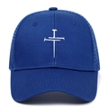 Royal blue mesh trucker hat with 6-panel structure and white cross embroidery on the front - Adjustable / Blue