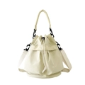 Cream nylon drawstring bucket bag with adjustable wide fabric shoulder strap and handle - One Size / Beige