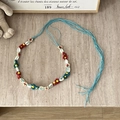 Bohemian braided waist belt with light blue cords, shells and colorful bead flowers - Shell Blue Rope Flower - 180cm
