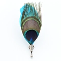 Elegant natural peacock feather brooch with blue dyed accents and silver pin base for suits - Lake Blue